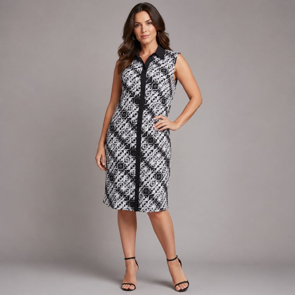 Black White Sheer Midi Dress Mod Retro Monochrome Sleeveless‎ L